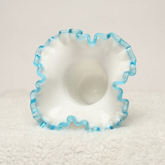 Vintage Fenton Milk Glass Aqua Crest White Ruffled Ribbed Glass Vase EUC - Picture 3 of 6